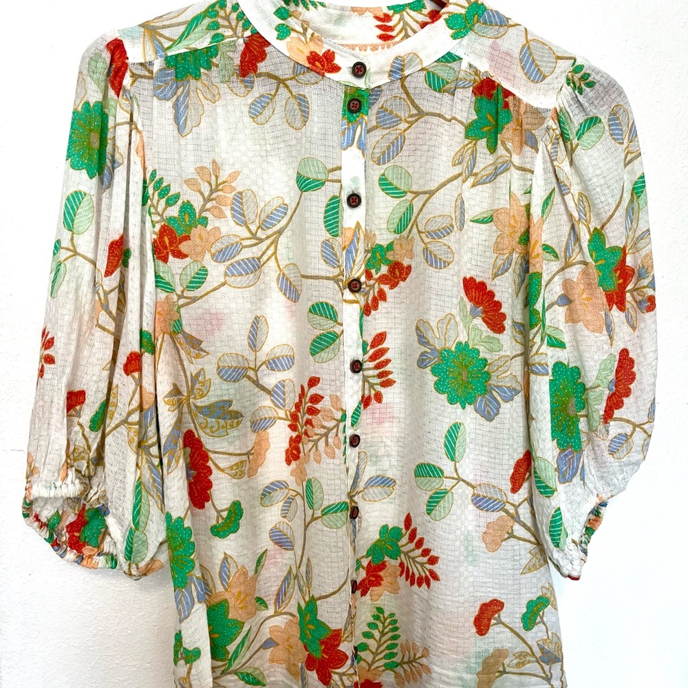 Anthropologie Maeve Floral Blouse - Green, Red, Tan